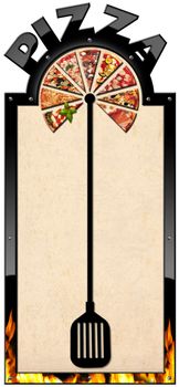 Vertical banner with black frame with text Pizza, a slices of pizza, flames and black spatula. Template for a pizza menu isolated on white