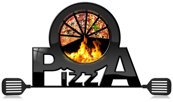 Black symbol with a slices of pizza, flames, text Pizza and spatulas. Isolated on white background