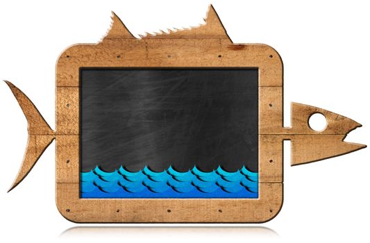 Empty blackboard with wooden frame in the shape of fish and blue waves. Isolated on white background