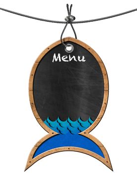 Empty blackboard with wooden frame in the shape of fish and blue waves. Isolated on white and hanging from a steel cable