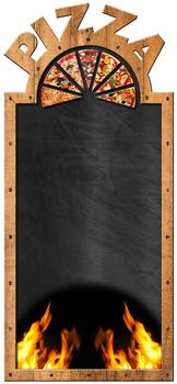 Empty blackboard with wooden frame and text Pizza, flames and slices of pizza. Template for a pizza menu isolated on white