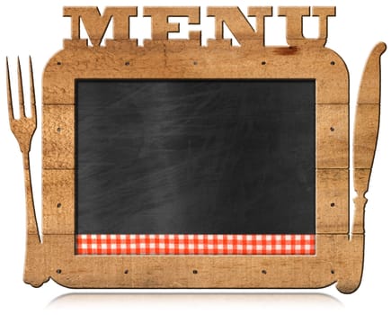Empty blackboard with checkered tablecloth, wooden frame with text Menu, fork and knife. Template for recipes or food menu