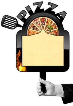 Chef with white glove holding a banner with black frame with text Pizza, slices of pizza, flames and black spatula. Template for a pizza menu