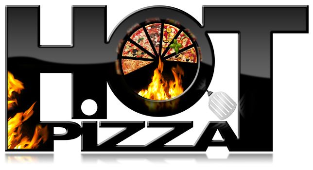 Black symbol with a slices of pizza, flames, spatula and text Hot Pizza. Isolated on white background