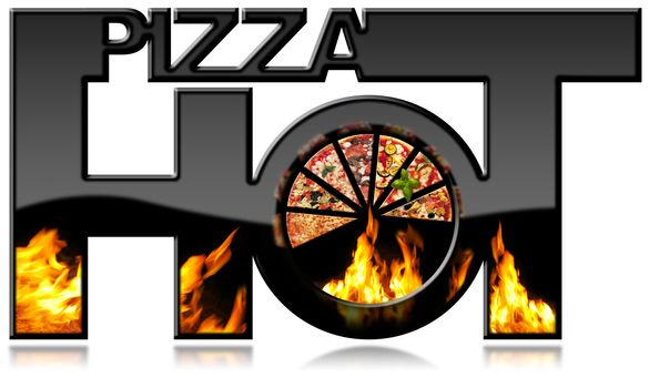 Black symbol with a slices of pizza, flames and text Hot Pizza. Isolated on white background