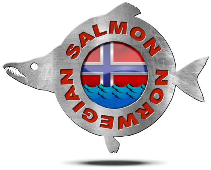 Metallic icon or symbol in the shape of a salmon fish with text Norwegian salmon, blue waves and Norwegian flag. Isolated on a white background