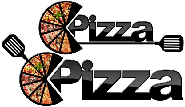 Two black symbols with the slices of pizza, text Pizza and spatula. Isolated on white background