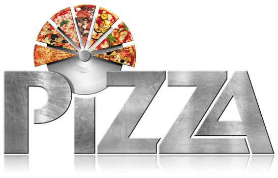 Metallic icon or symbol with text Pizza, stainless steel pizza cutter and slices of pizza. Isolated on a white background