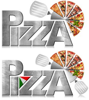 Two metallic icons or symbols with text Pizza, stainless steel pizza cutter, spatulas and slices of pizza. Isolated on a white background