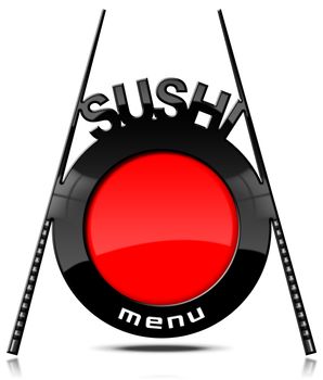 Red and black banner with chopsticks and text Sushi and Menu. Template for a sushi menu isolated on white background