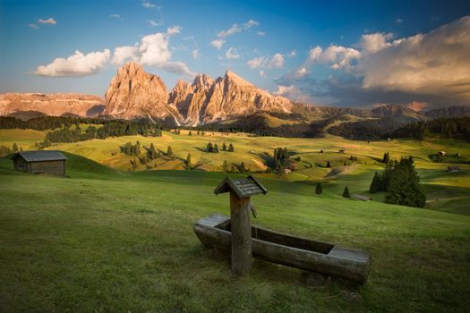 Seiser Alm with Langkofel Group before sunset, South Tyrol, Italy