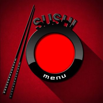 Red and black plate with chopsticks and text Sushi menu. Template for a sushi menu on a red background
