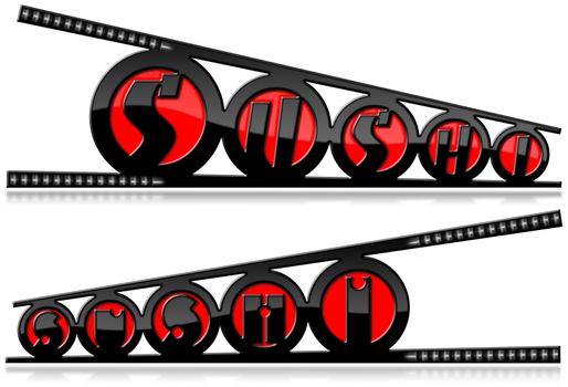 Two red and black symbols with chopsticks and text Sushi. Isolated on white background