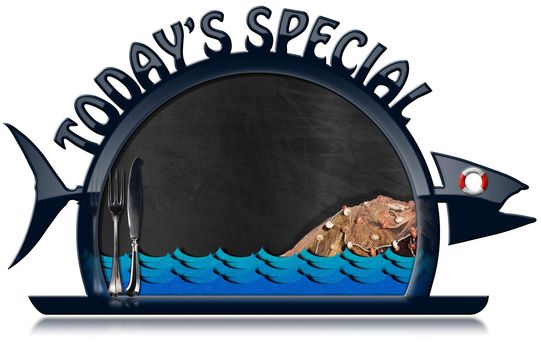 Blackboard with dark blue frame in the shape of fish and serving dome with text Today's Special, cutlery, sea waves, fishing net and lifebuoy