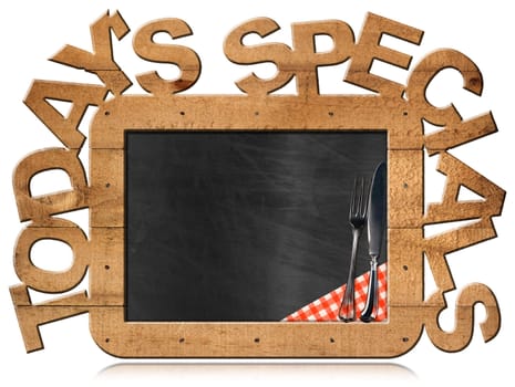 Blackboard with wooden frame and text Today's specials, silver cutlery and checkered tablecloth. Isolated on white background