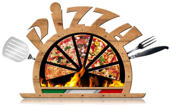 Wooden symbol with pizza slices, flames, text Pizza, silver cutlery, steel spatula and Italian flag. Isolated on white background