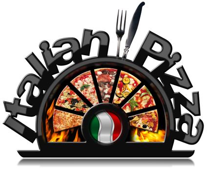 Black symbol with pizza slices, flames, text Italian Pizza, silver cutlery and Italian flag. Isolated on white background