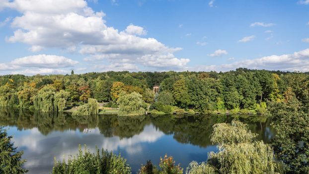 Aerial view of Silesia Park in Chorzow, Poland. Silesia Park is the largest greenery area in the Silesian agglomeration, the most industrialized region in Poland.