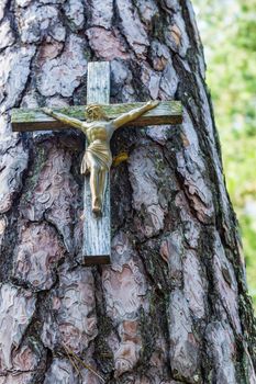 Wooden crucifix nailed to the pine trunk in the forest.