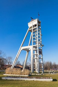 Historic hoist tower of the former "President" mine shaft in Chorzow, Silesia region, Poland. The mine shaft was in use until 1933.