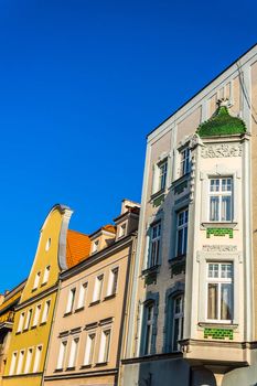 Facades of ancient tenements in the Main Market of Gliwice, Silesia region, Poland.
