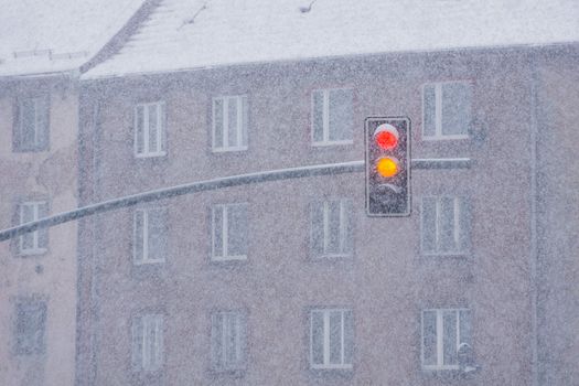 Traffic lights during a heavy snowing on Easter Sunday, Mar 31, 2013 in Bytom, Silesia region, Poland.