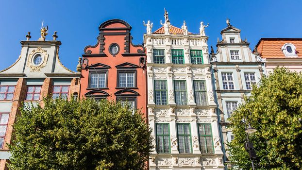 Facades of ancient tenements in the old town in Gdansk, Poland.