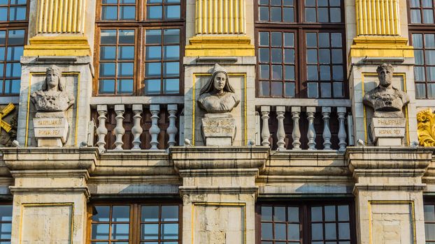 Architectural details and sculptures on Moulin à Vent in Grand Place, Brussels, Belgium.
