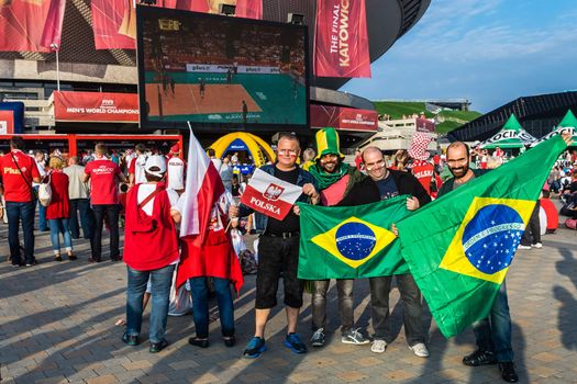 Polish and Brazilian fans watch Brazil vs France match on the screen in the fanzone at Spodek Arena during FIVB Volleyball Men's World Championship Poland 2014.