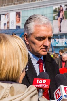 Jaroslaw Gowin, leader of the rigt-wing party Polska Razem (Poland Together) interviewed on the street during the election campaign for the European Parliament.