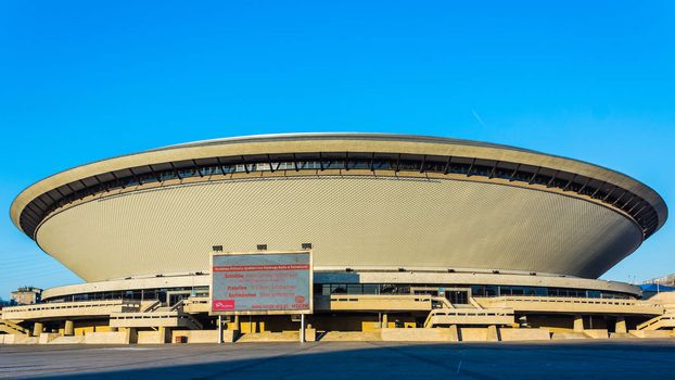Sports hall built in the shape of a flying saucer in the early seventies of the 20th century on January 03, 2014. Structure is the best recognizable landmark of the city