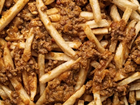 close up of rustic american chili fries food background