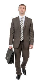 Businessman walking forward on isolated white background