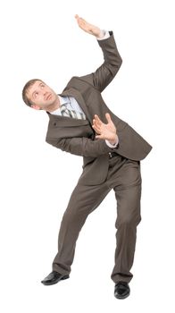 Businessman bending and looking up on isolated white background