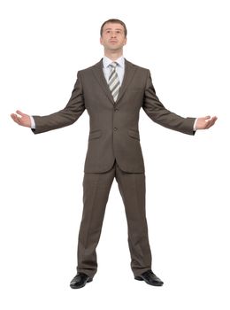 Businessman holding empty space on isolated white background, front view