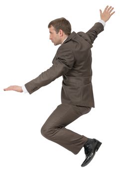 Businessman sitting on empty space on isolated white background