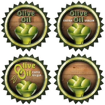 Collection of four labels with green olives and oil, text Olive oil and Extra virgin. Isolated on white background