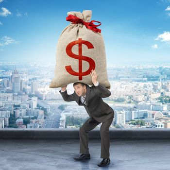 Businessman holding big moneybag with dollar sign
