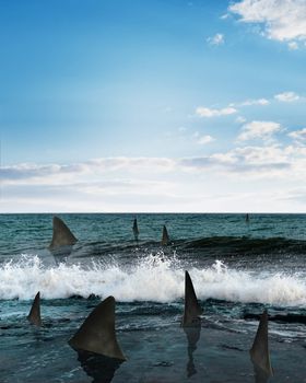 Sharks in sea with blue sky and clouds