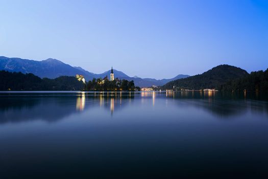 Dawn at lake Bled with blue skies, Slovenia