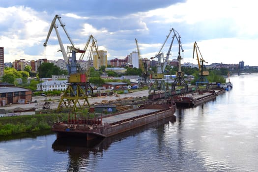 River port on the Tura River in Tyumen, Russia.