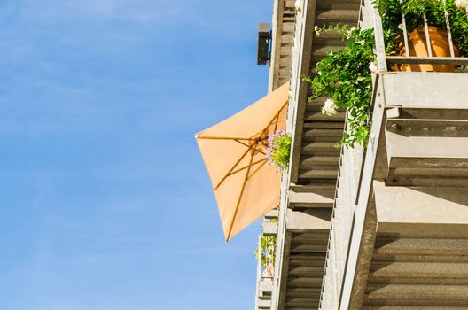 Modern housing terrace with a nice outdoor lifestyle, view from below.