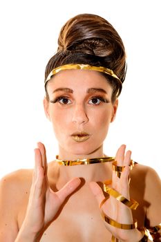 Female model posing with distinctive hairstyle