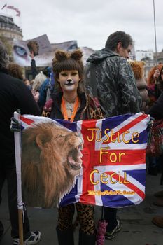UK, London: A costumed protester poses as hundreds rally in memory of Cecil the lion at Trafalgar Square in London, UK on November 28, 2015. Demonstrators demand justice for Cecil, who was killed by American hunter Walter Palmer in Zimbabwe on July 1. The iconic lion's death, and the lack of criminal charges for Palmer, have spurred international outcry.