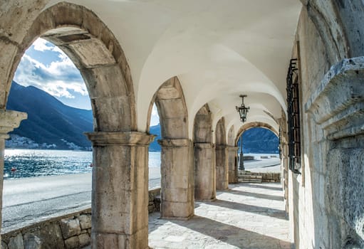 Museum`s archway in the old town Perast 