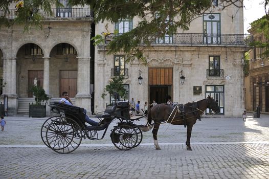 Havana, Cuba, - August 2013. Center of Havana city in Cuba - carriage with a horse on the St. Francisco square is waiting for the tourists to have a city tour.