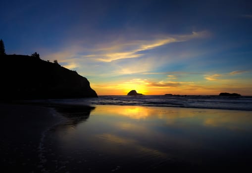 The Beach at Sunset, A panoramic color image of the beach at sunset. Taken near Trinidad, California, USA.