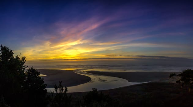 The Beach at Sunset, A panoramic color image of the beach at sunset. Taken near Trinidad, California, USA.