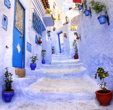 Street in the blue city Chefchaouen, Morocco