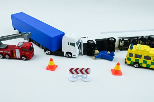 Road accident crash  shows by toys, lorry accident, broken toys lorry


